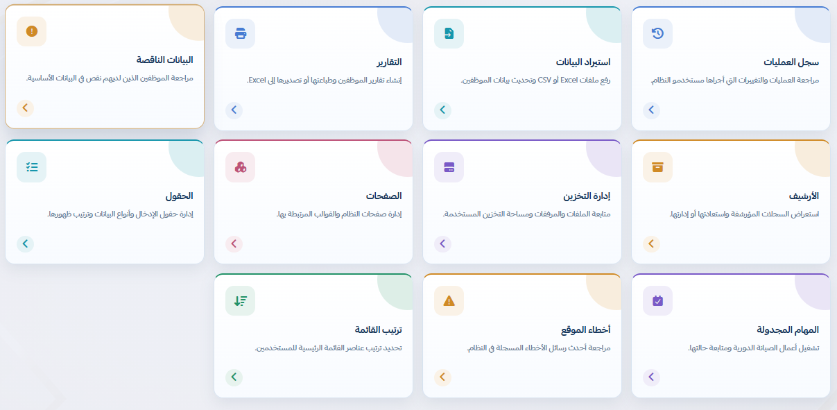لوحة المدير وأدوات التحكم والصلاحيات